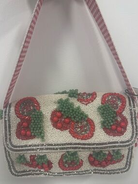 Beaded Cherry Accent Shoulder Bag - White & Red